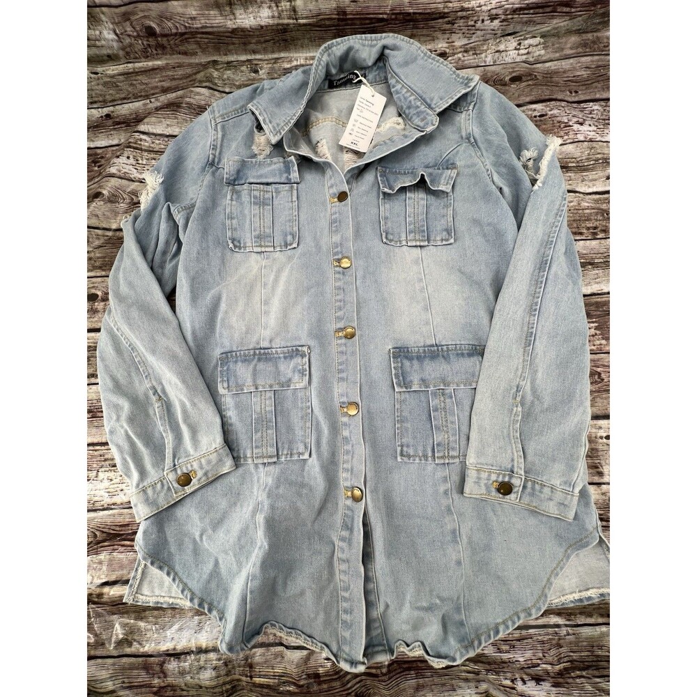 Tanming Women’s Denim Jacket Size XXL Button Down Light Wash Blue NWT